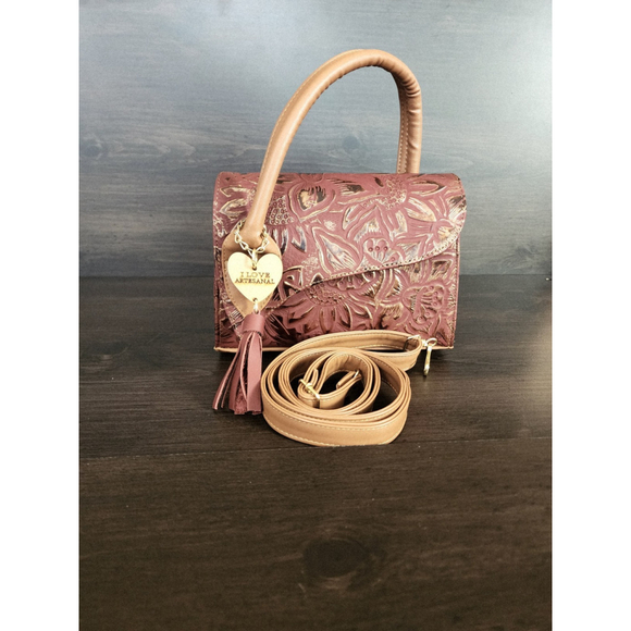 Red Wine Gold Sunflower Embossed Tooled Artisan LEATHER Crossbody bag Purse - Picture 5 of 15